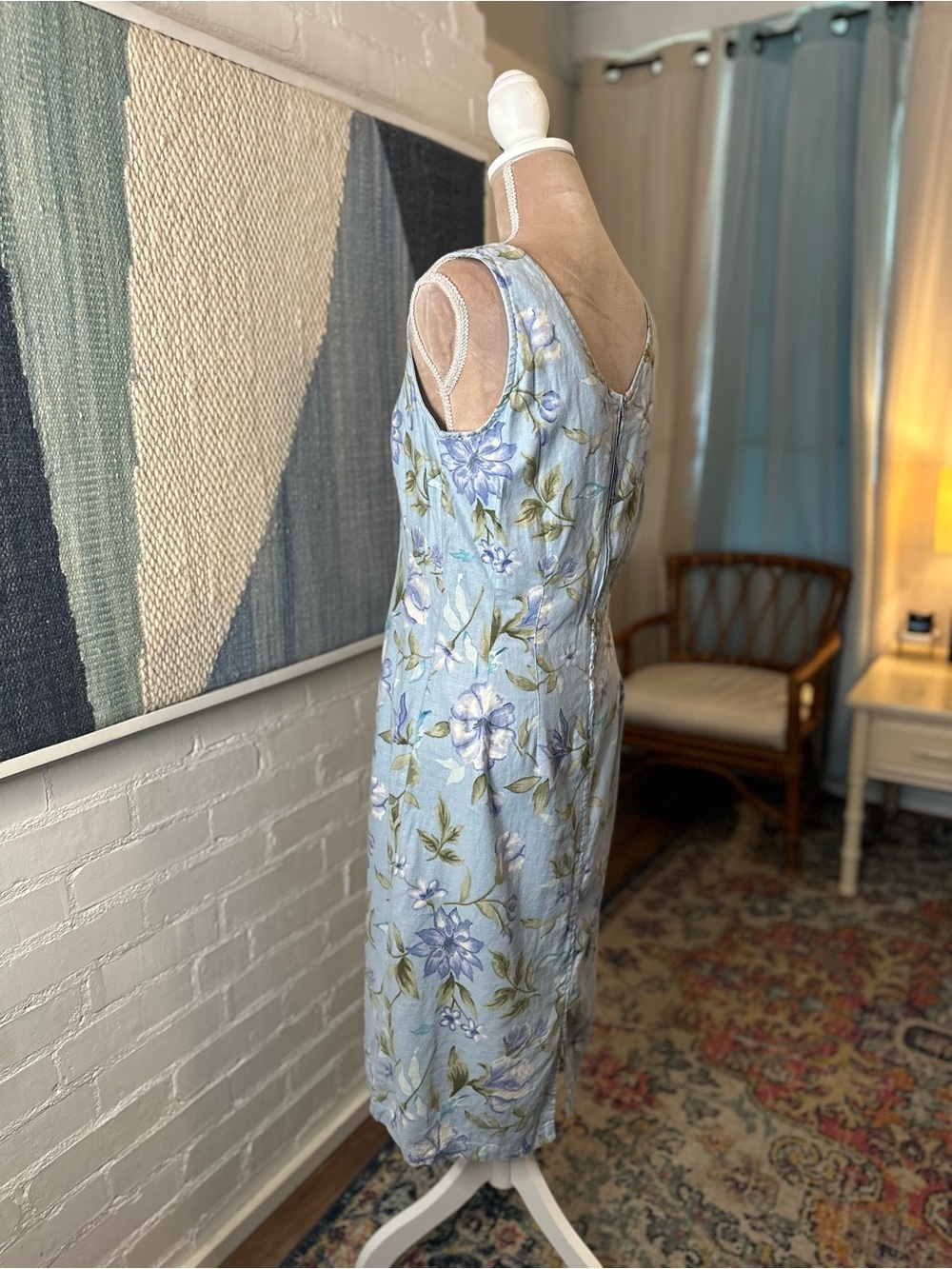 Expressions Linen Blend Blue Floral 90s Sleeveless Midi Dress - Picture 8 of 11